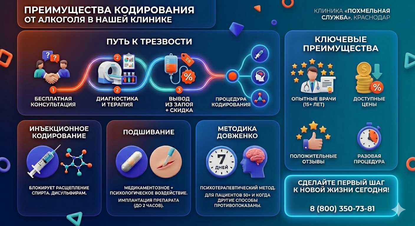 Инфографика о методах кодирования от алкоголя в Бурле: инъекции, подшивание, метод Довженко. Преимущества клиники и этапы лечения.