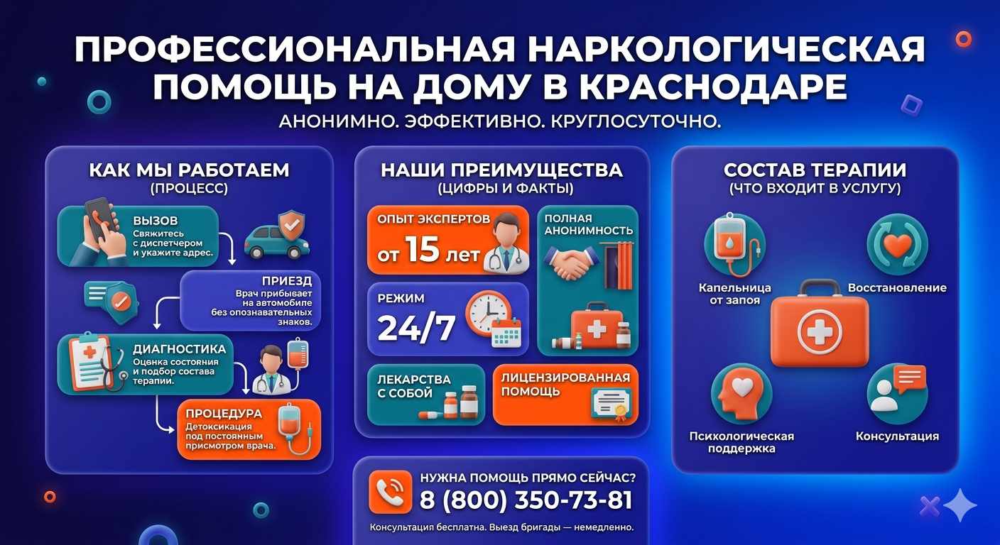 Инфографика о принципах лечения алкоголизма на дому в Бурле: этапы вызова нарколога, преимущества анонимной детоксикации и состав медицинской помощи.